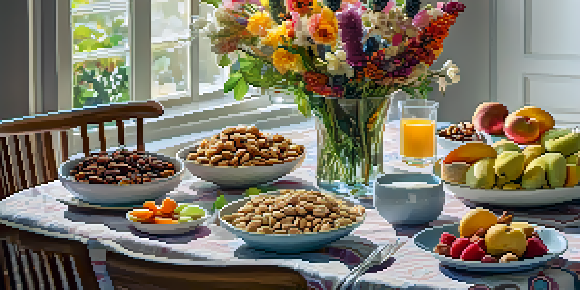 A dining table with healthy snacks including mixed nuts, dried fruits, and yogurt, decorated with a colorful tablecloth and fresh flowers, illuminated by sunlight.