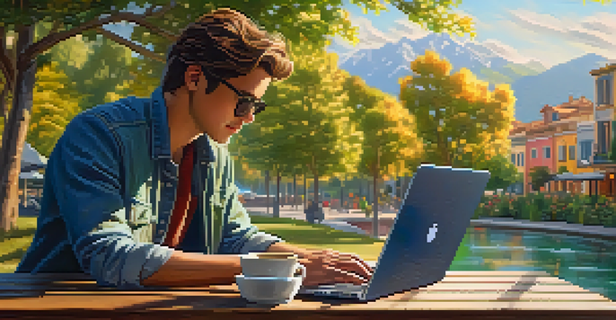 A digital nomad working on a laptop in a sunny outdoor café surrounded by greenery and flowers.