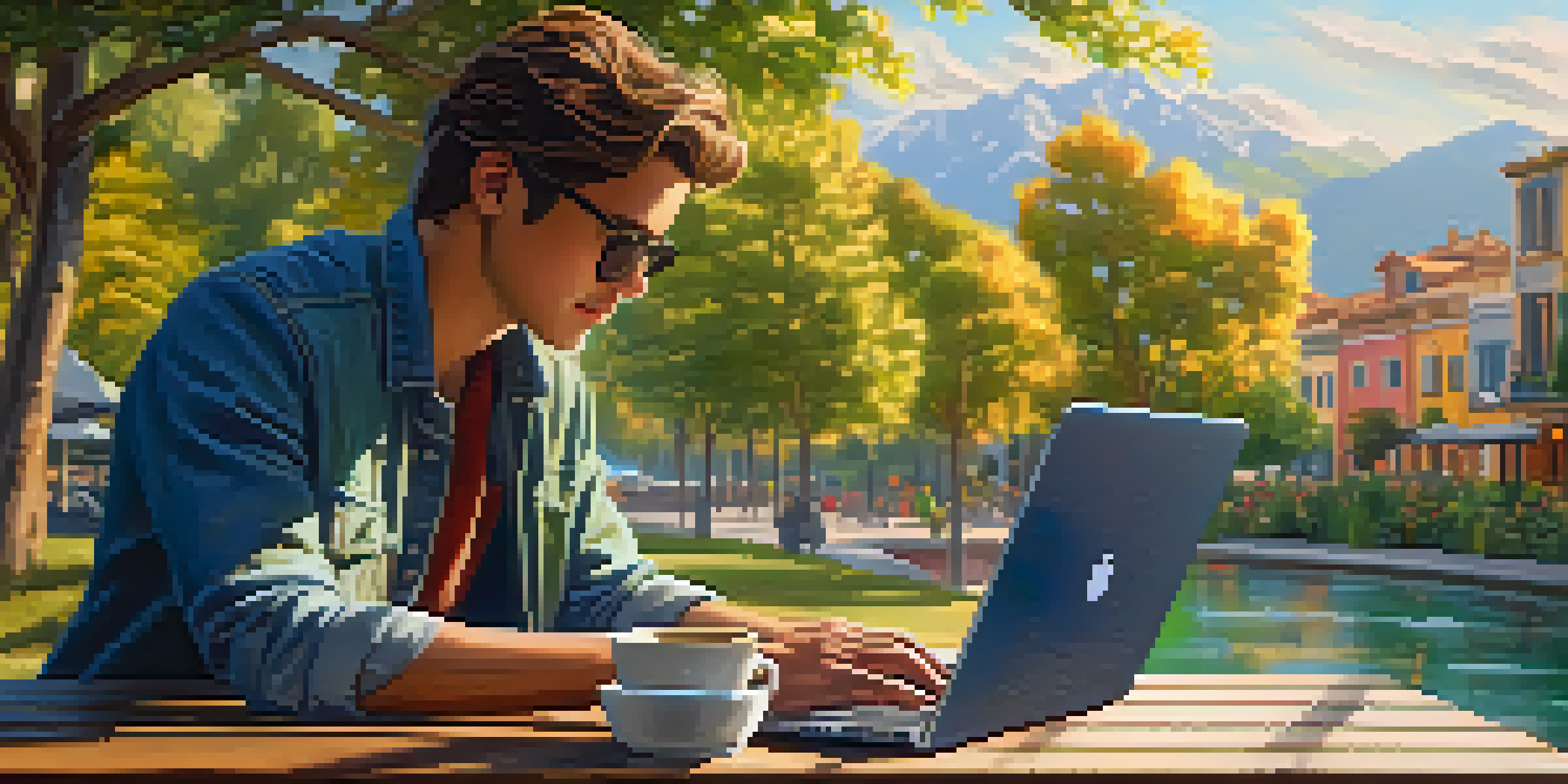 A digital nomad working on a laptop in a sunny outdoor café surrounded by greenery and flowers.