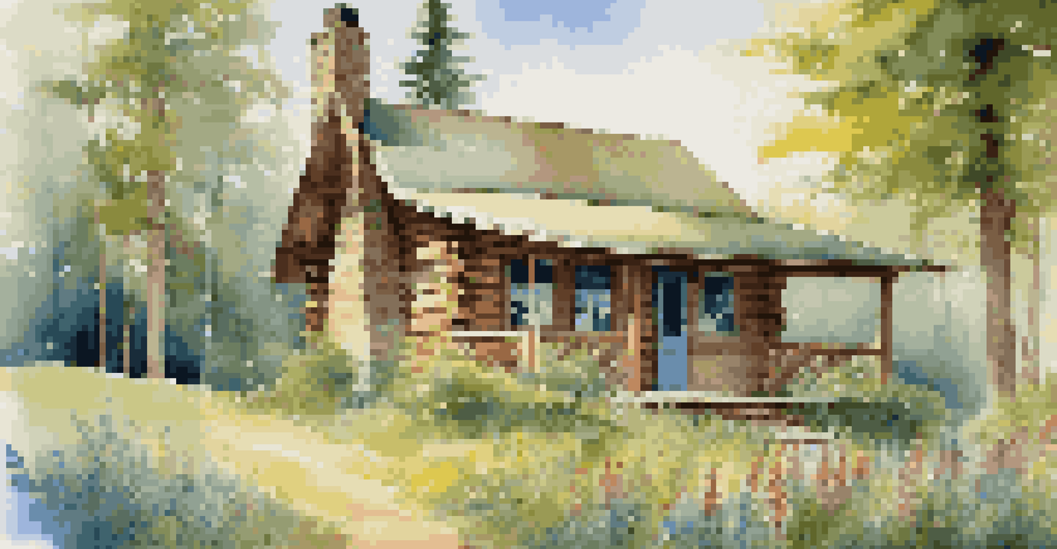 An eco-friendly cabin surrounded by trees and wildflowers, with a hammock on the porch.