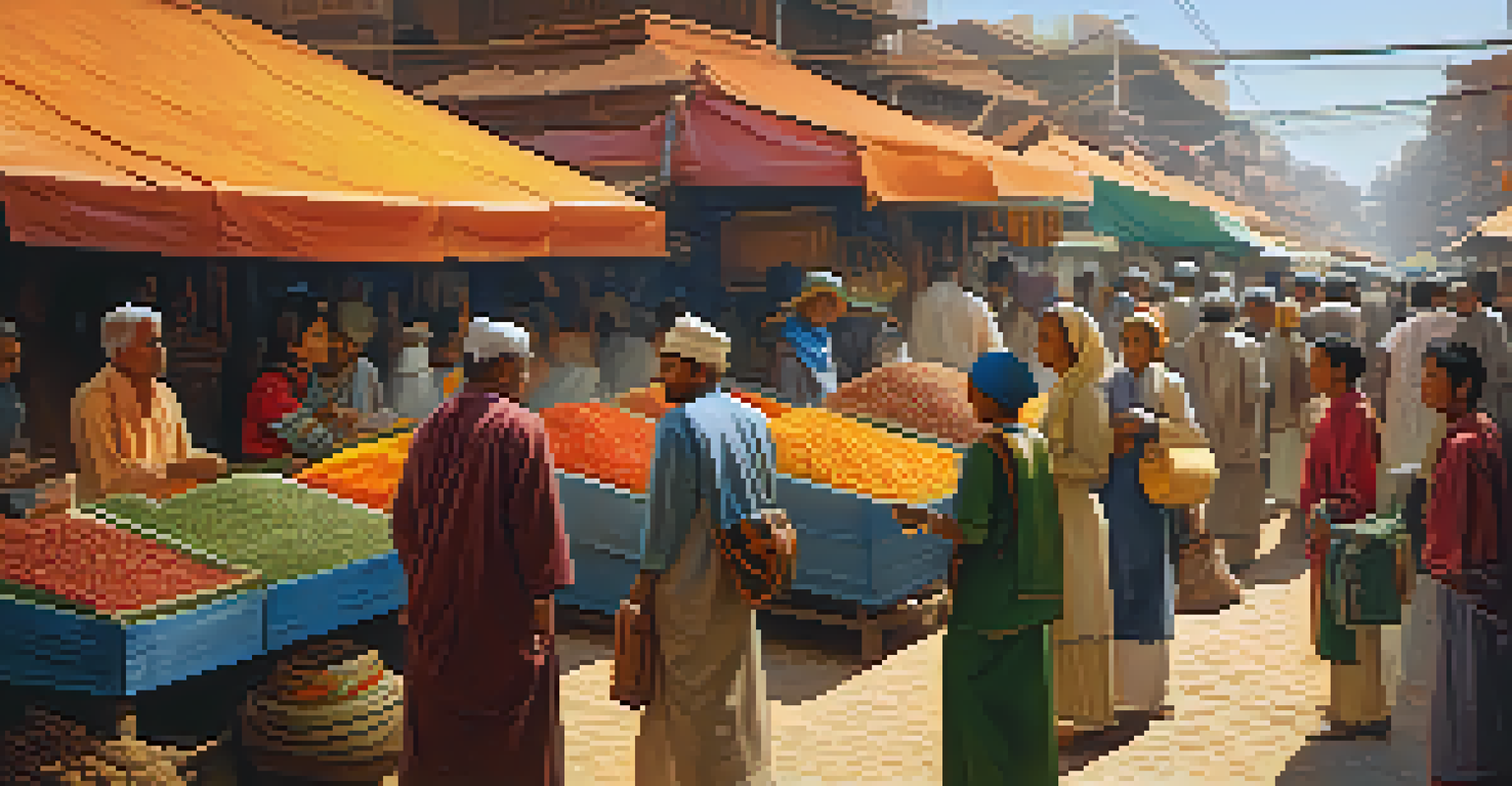 A diverse group of travelers conversing in a vibrant market, with colorful stalls and cultural symbols in the background.