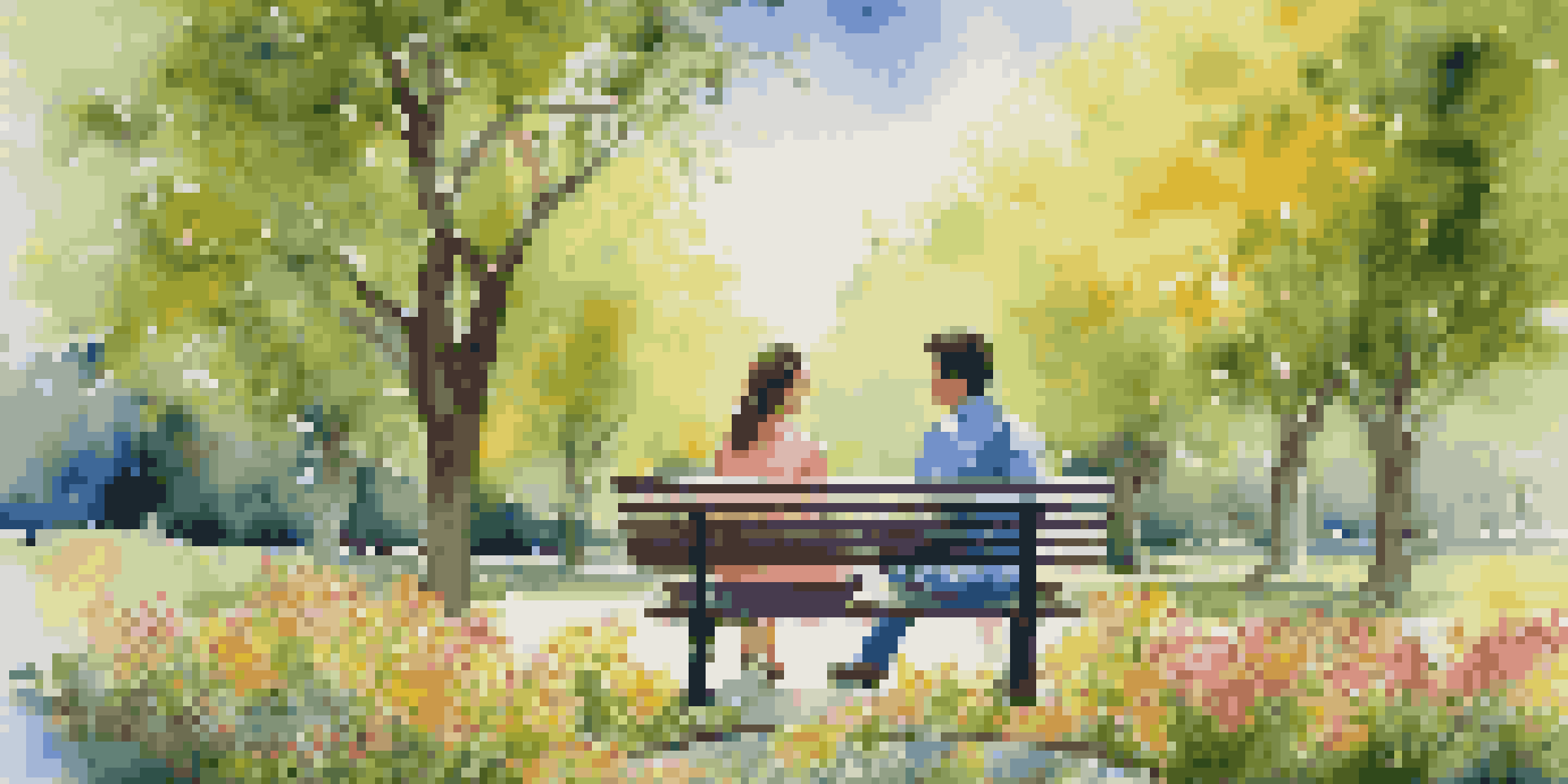 A young couple sitting on a park bench, holding hands amidst colorful flowers and green trees on a sunny day.