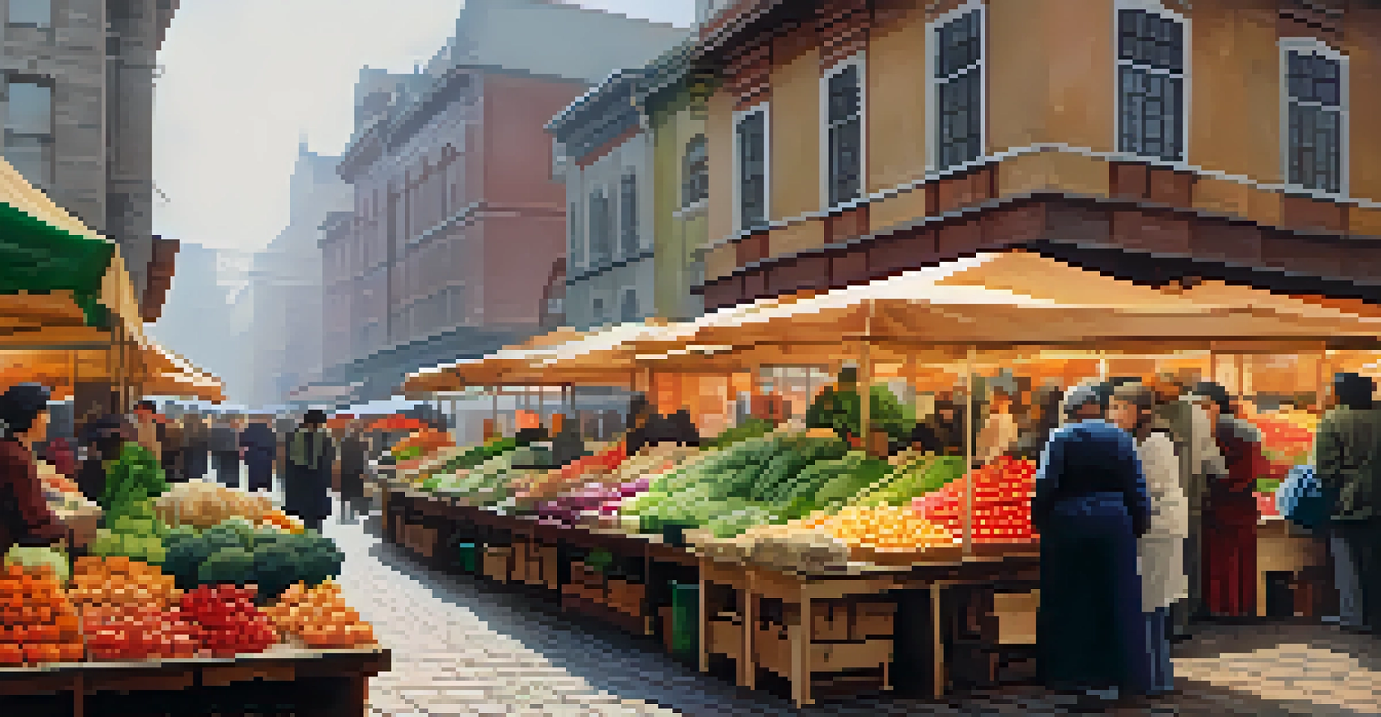 A vibrant city market on a cloudy day, filled with colorful produce and bustling shoppers under soft light.