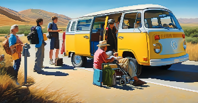 A diverse group of travelers, including a person in a wheelchair, packing a colorful van for a road trip in a sunny landscape.