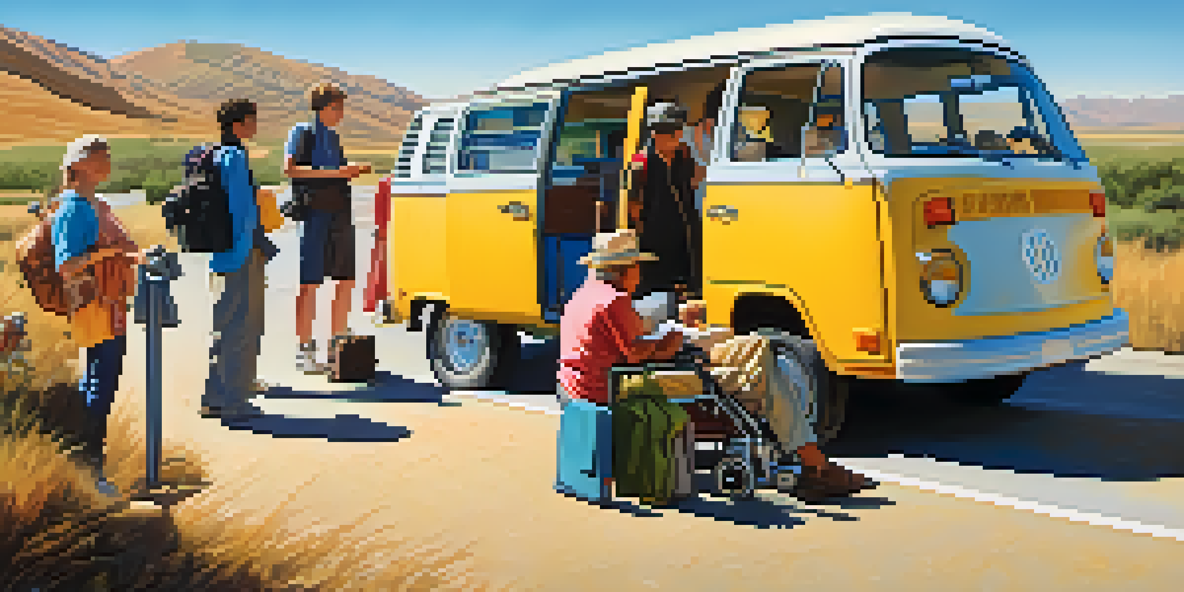 A diverse group of travelers, including a person in a wheelchair, packing a colorful van for a road trip in a sunny landscape.