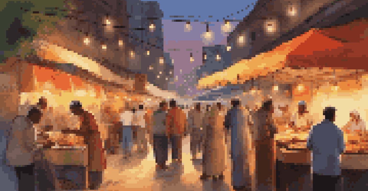 A street food market at dusk, with vendors serving colorful dishes and people enjoying their meals.