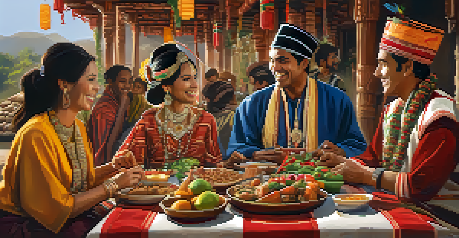 A couple in traditional attire celebrating outdoors with family and friends, showcasing a mix of cultural decorations and shared meals.