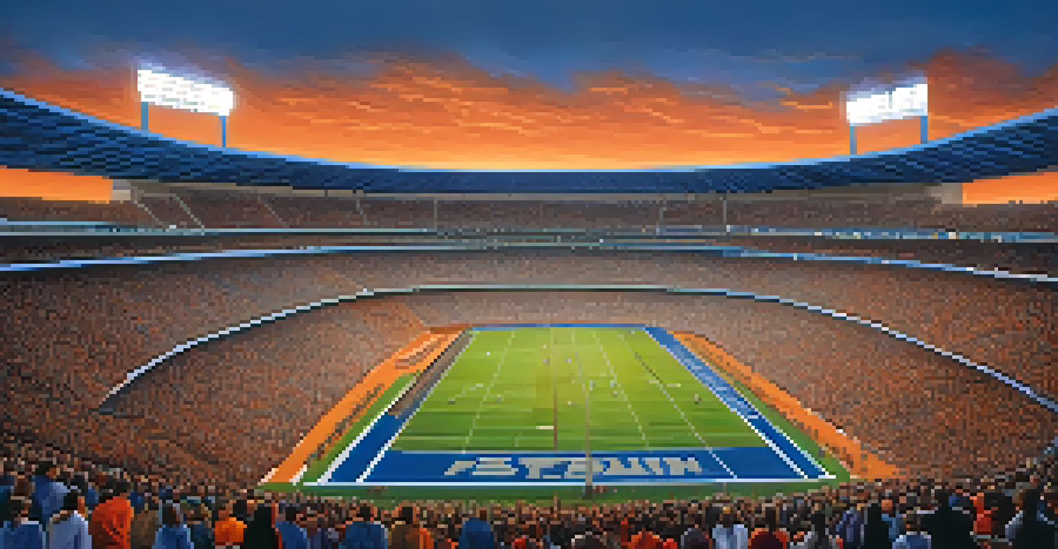 Aerial view of a packed sports stadium at dusk with bright lights, cheering fans in team colors, and a beautiful sunset sky.