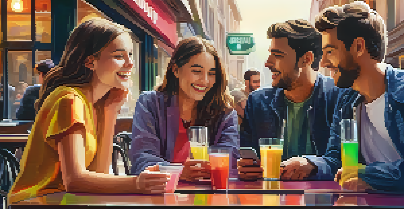 A group of friends in a café using smartphones to discuss travel safety, with drinks on the table and warm lighting.