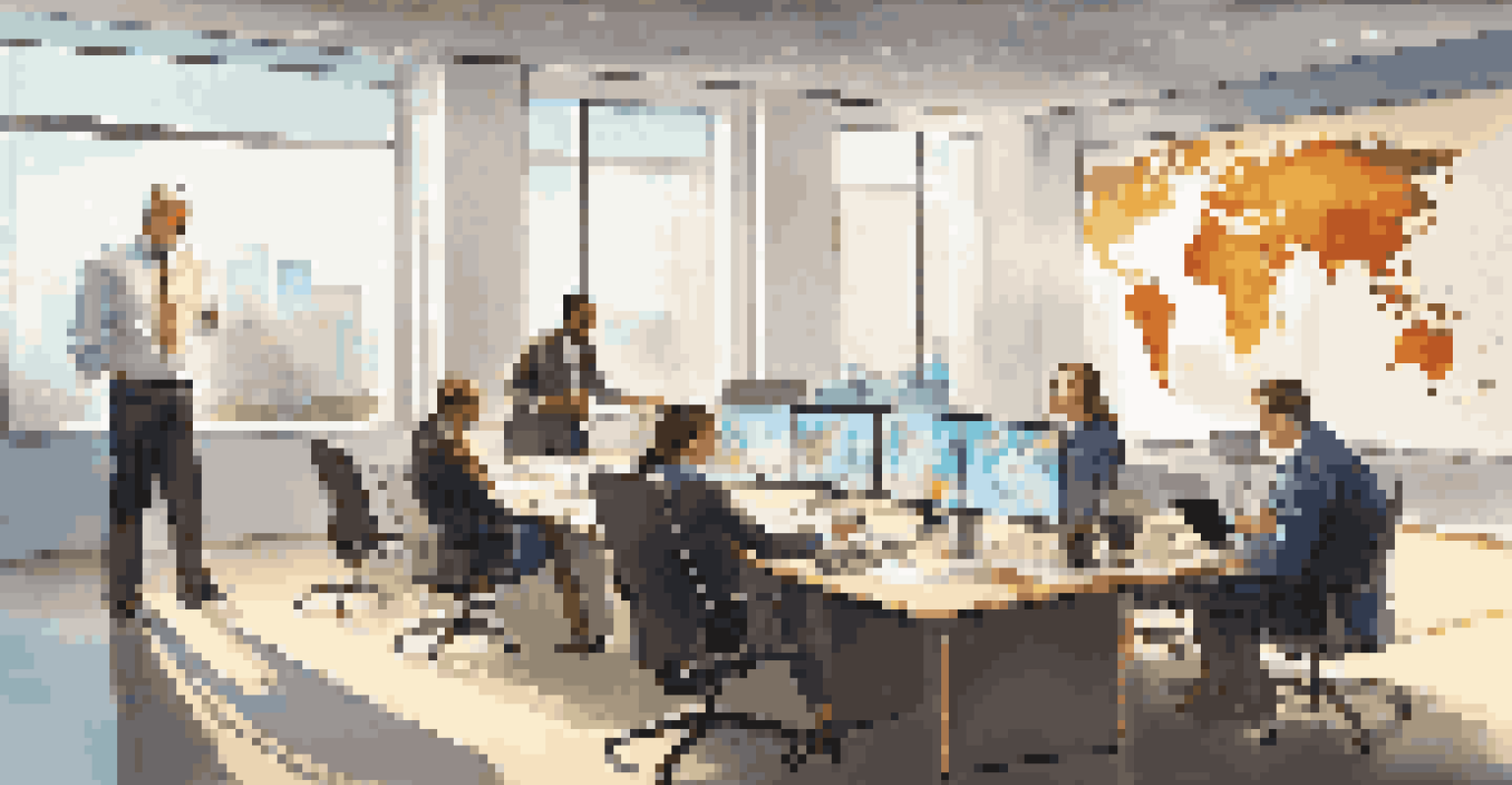 A modern office conference room with a world map on display and clocks showing different time zones, with professionals participating in a virtual meeting.