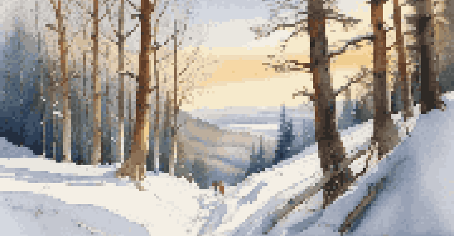 A snowy winter scene in a national park, featuring snow-covered trees, a path, and a deer observing a family snowshoeing.