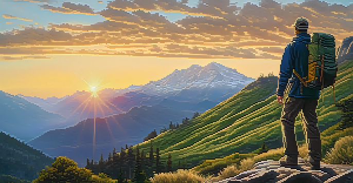 A solitary hiker on a mountain trail at sunset, with a lightweight backpack and layered clothing, overlooking a valley filled with greenery and distant snow-capped mountains.