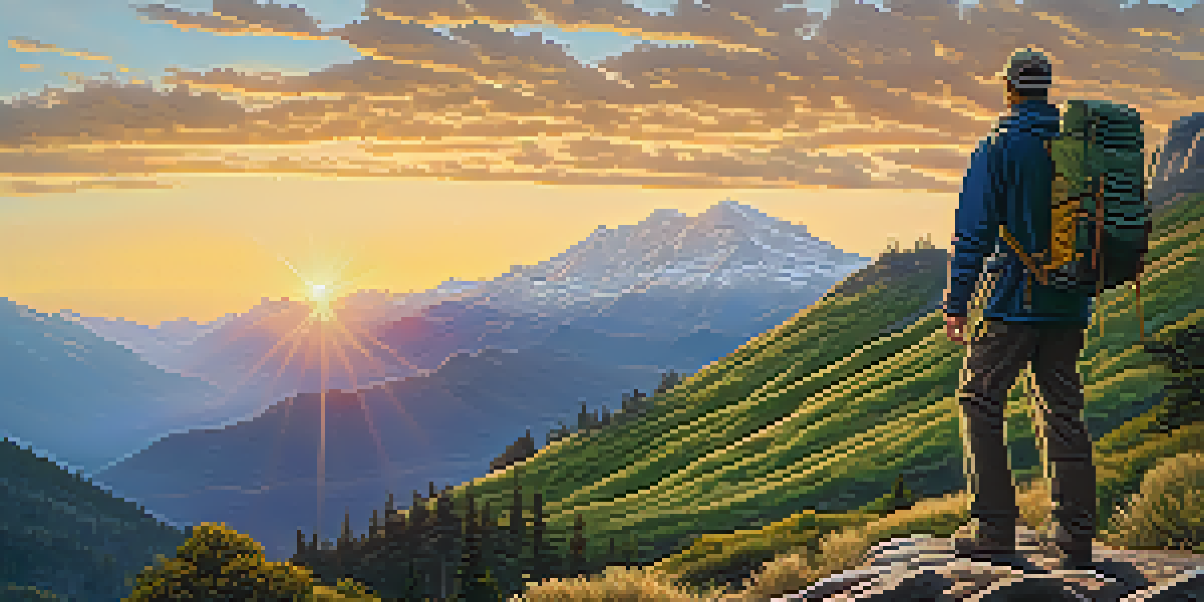 A solitary hiker on a mountain trail at sunset, with a lightweight backpack and layered clothing, overlooking a valley filled with greenery and distant snow-capped mountains.