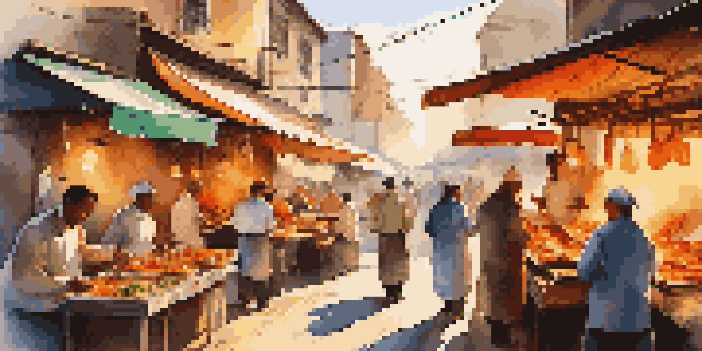 A busy street food market with colorful stalls and chefs preparing grilled meats and stir-fried vegetables under warm sunlight.