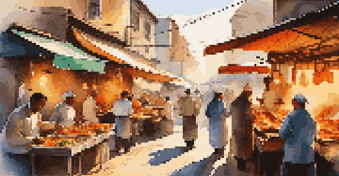 A busy street food market with colorful stalls and chefs preparing grilled meats and stir-fried vegetables under warm sunlight.