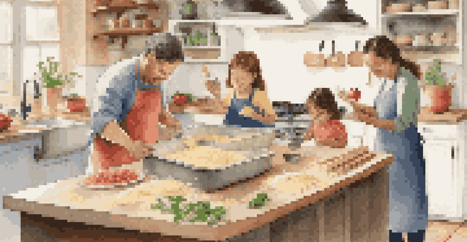 A family making homemade pasta in a warm kitchen, with fresh ingredients and smiles, showcasing the joy of cooking together.