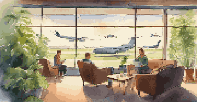 A warm and inviting airport lounge with travelers relaxing, large windows showing planes, and greenery.