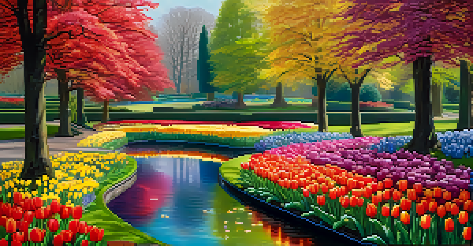 A vibrant garden scene in Keukenhof, Netherlands, showcasing blooming tulips in various colors along winding paths and a tranquil pond.