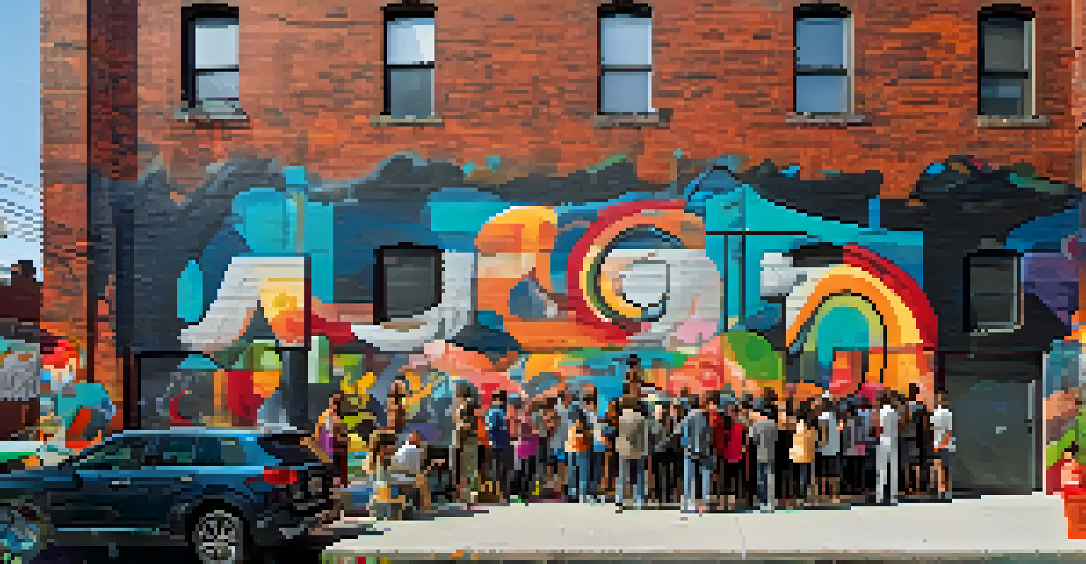 A colorful street art mural on a brick wall in Bushwick, with artists at work in the foreground.