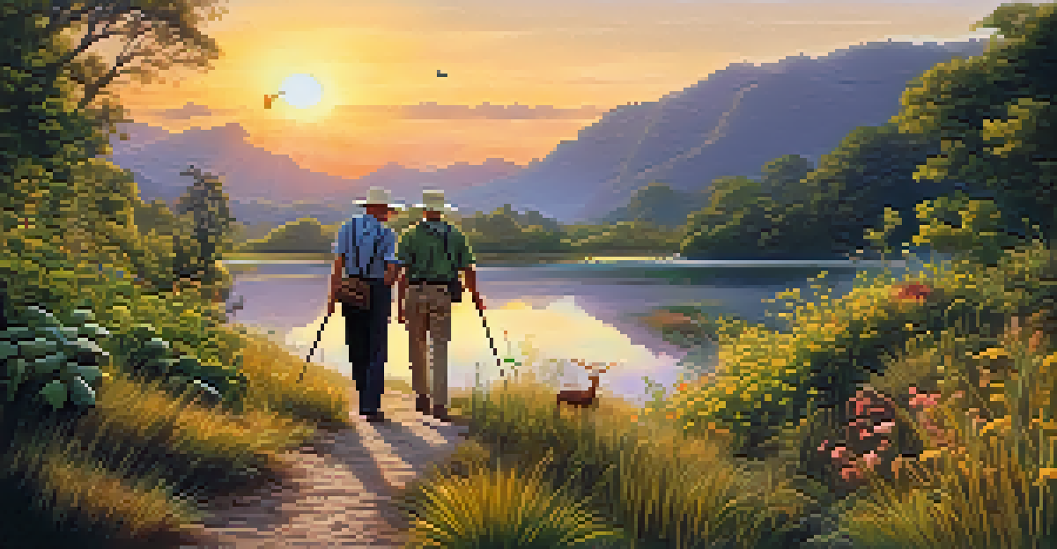 A local guide leading tourists on a nature walk through a lush landscape during sunset.