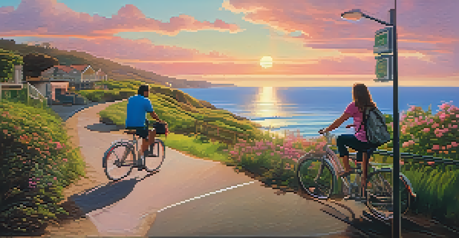 A couple cycling along a coastal path at sunset, surrounded by greenery and locals on the beach.