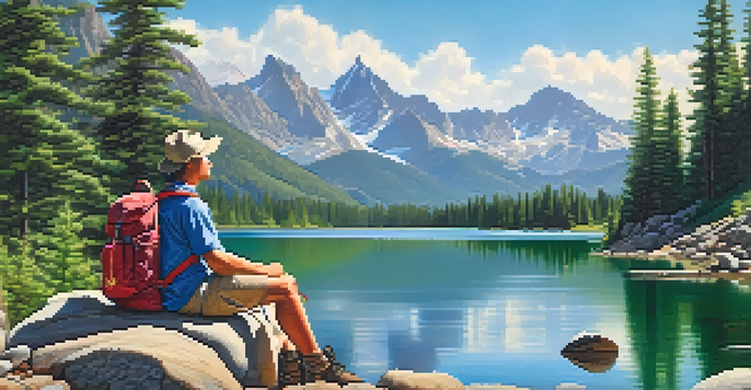 A hiker resting by a mountain lake with a colorful backpack, surrounded by trees and mountains under a blue sky.