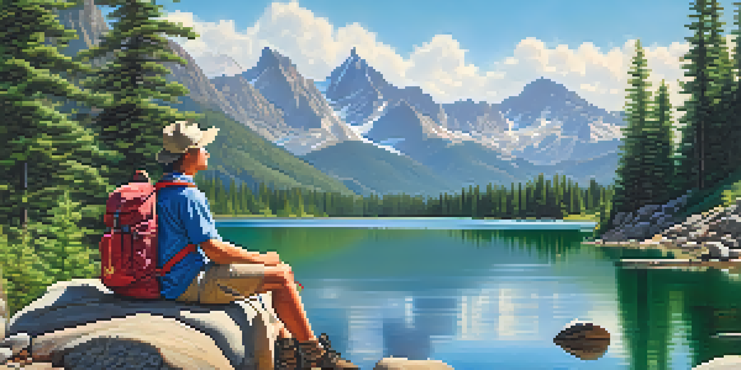 A hiker resting by a mountain lake with a colorful backpack, surrounded by trees and mountains under a blue sky.