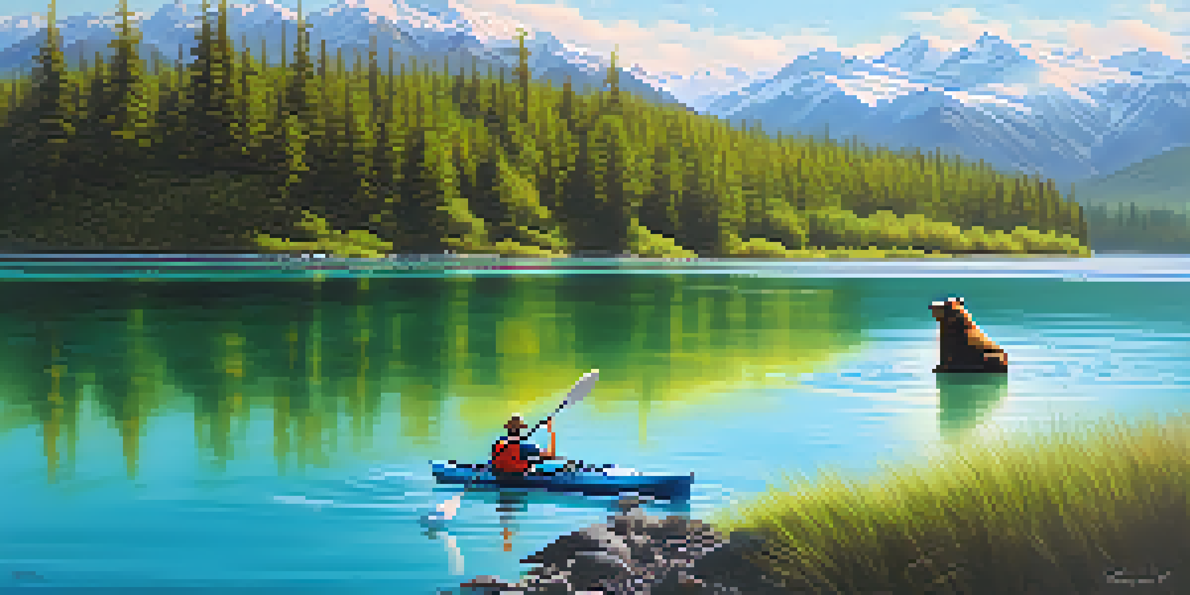 A kayaker in turquoise waters of the Kenai River, with snow-capped mountains and a bear fishing on the riverbank.