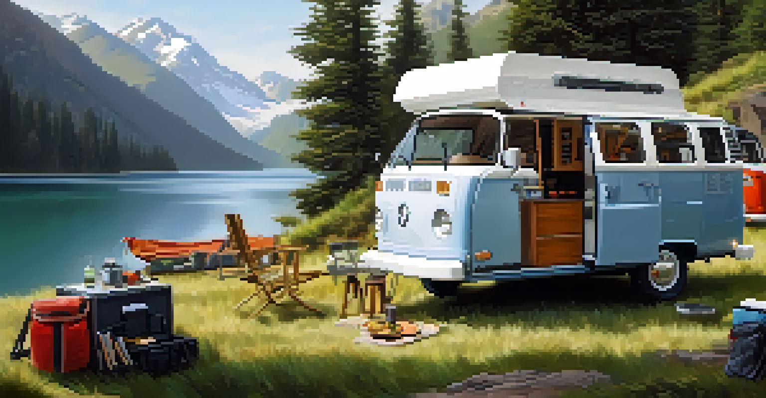 A camper van parked in nature, showcasing organized outdoor gear and a scenic backdrop.