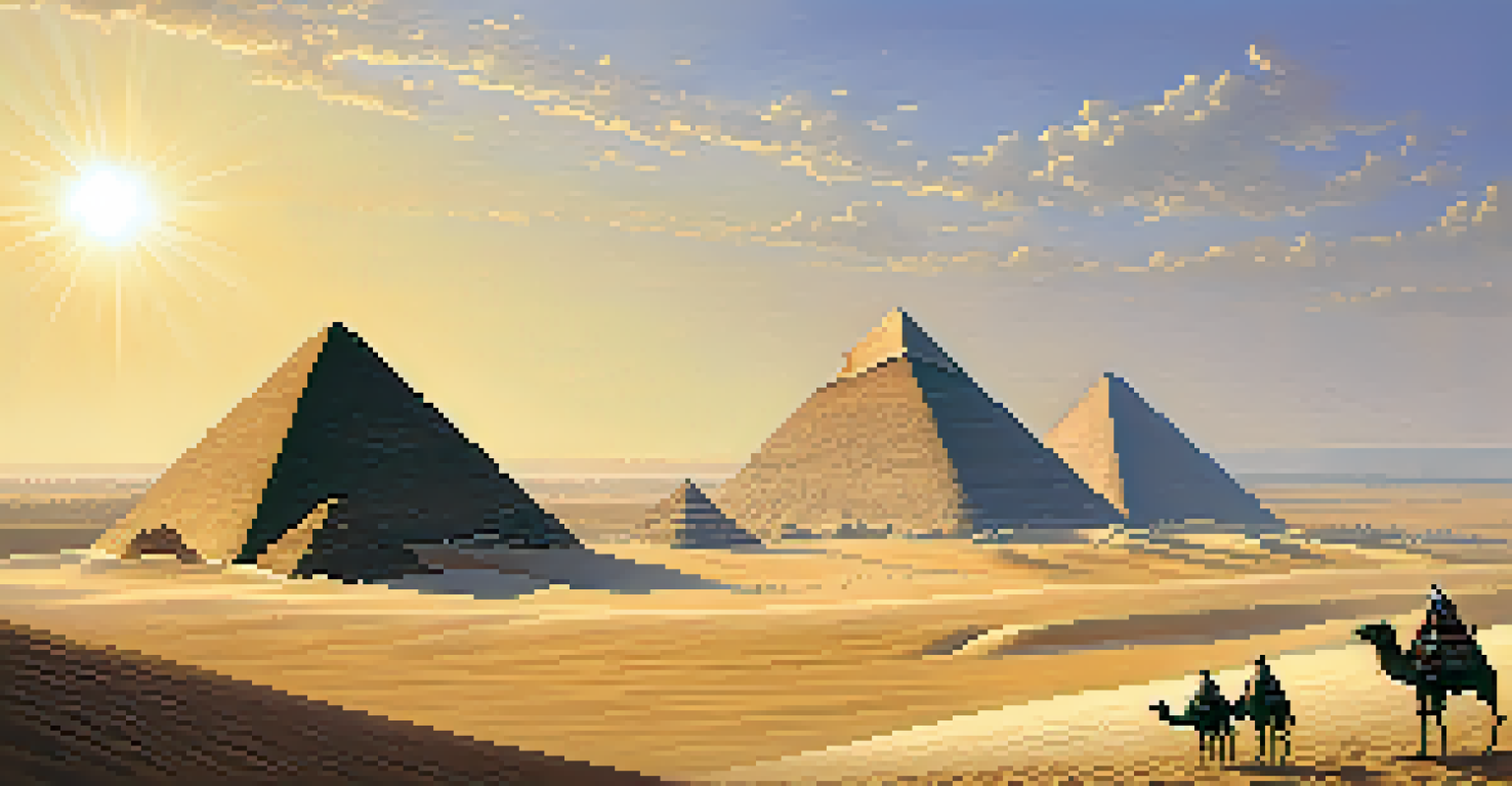 A panoramic view of the Pyramids of Giza in the desert, with the Great Pyramid prominently in the center.