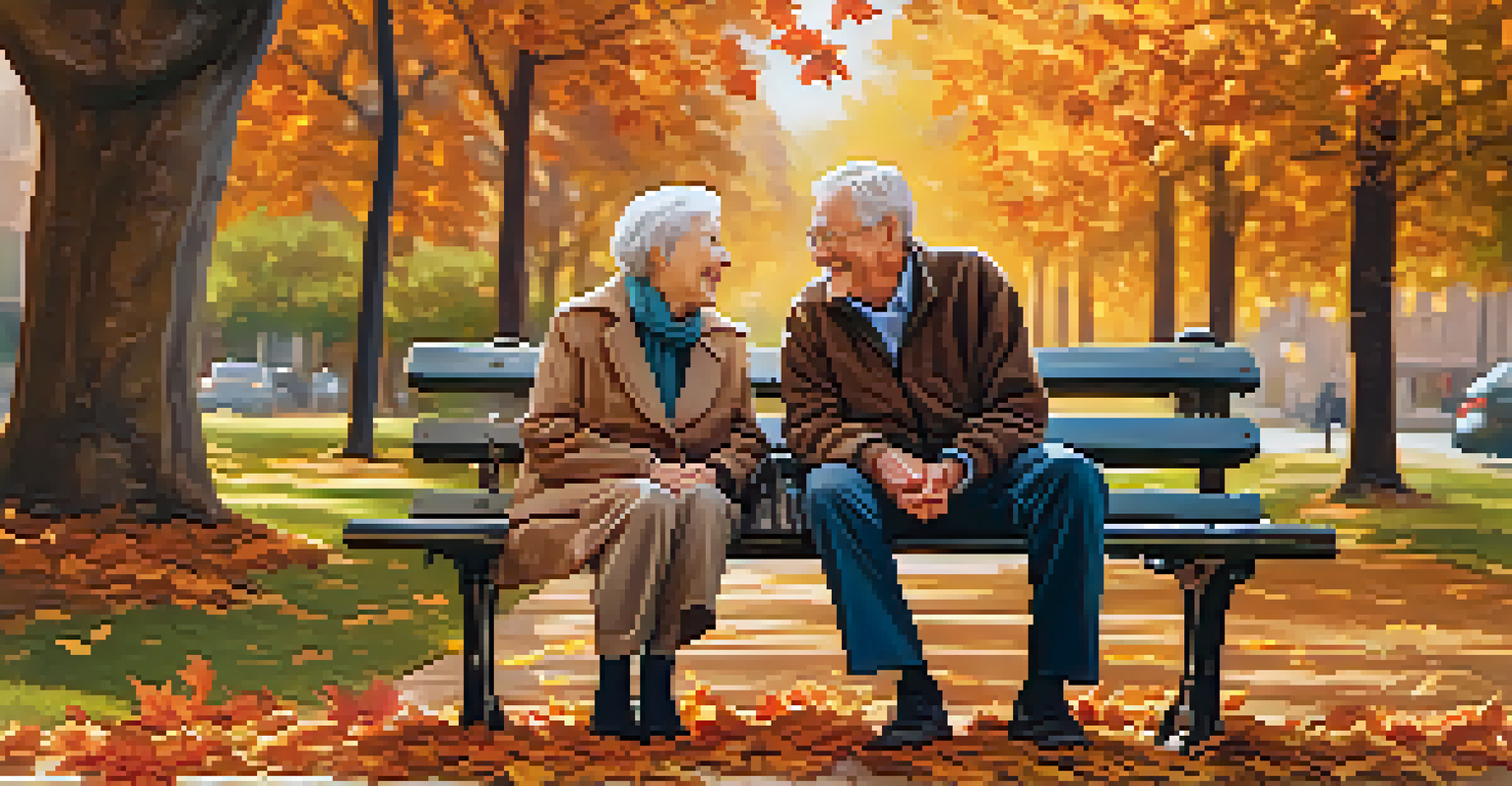 An elderly couple laughing together on a bench surrounded by autumn leaves, showcasing a warm and intimate moment.