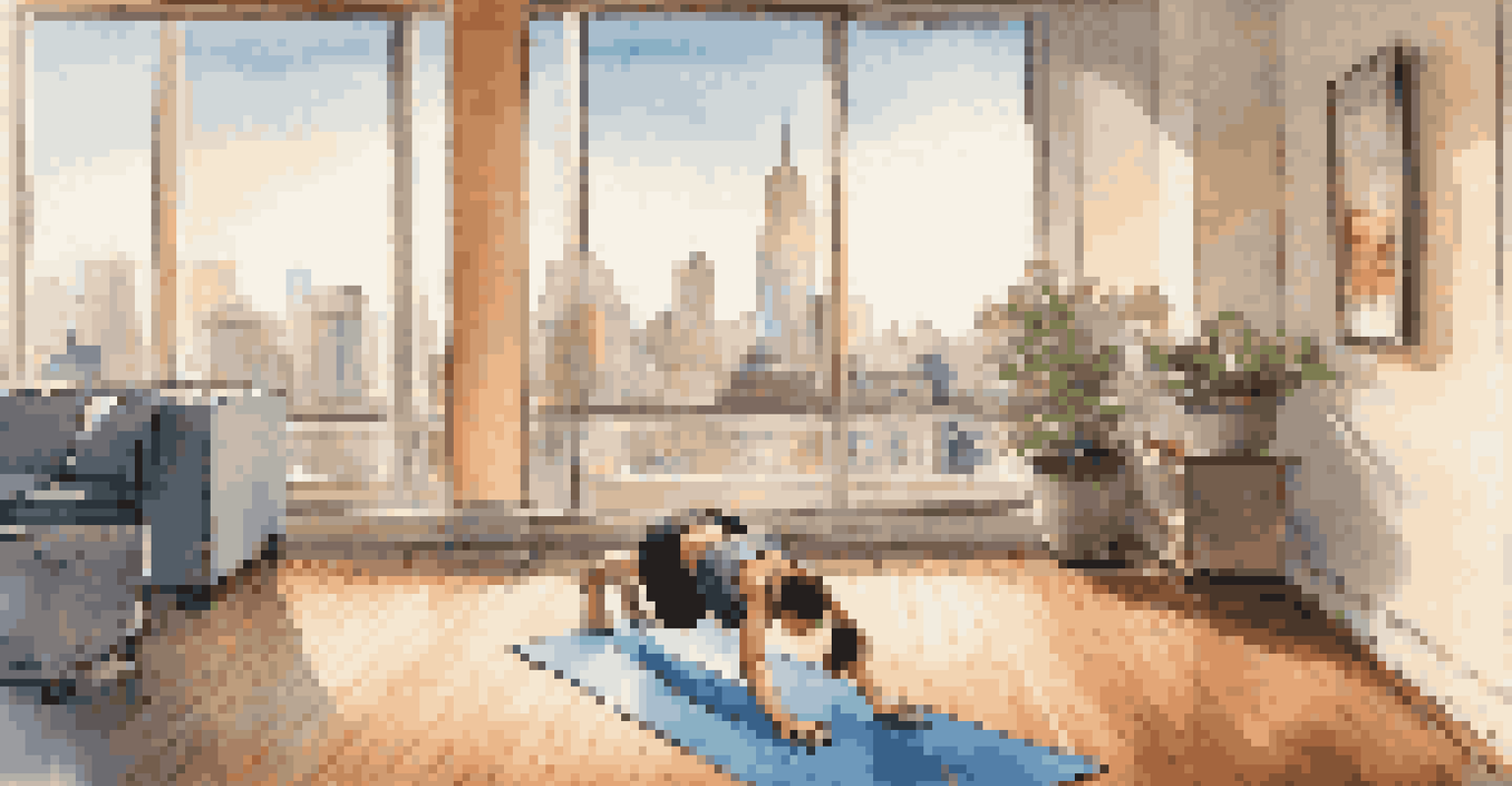 A hotel room with a city view, featuring a person doing push-ups on a mat and exercise equipment scattered around.