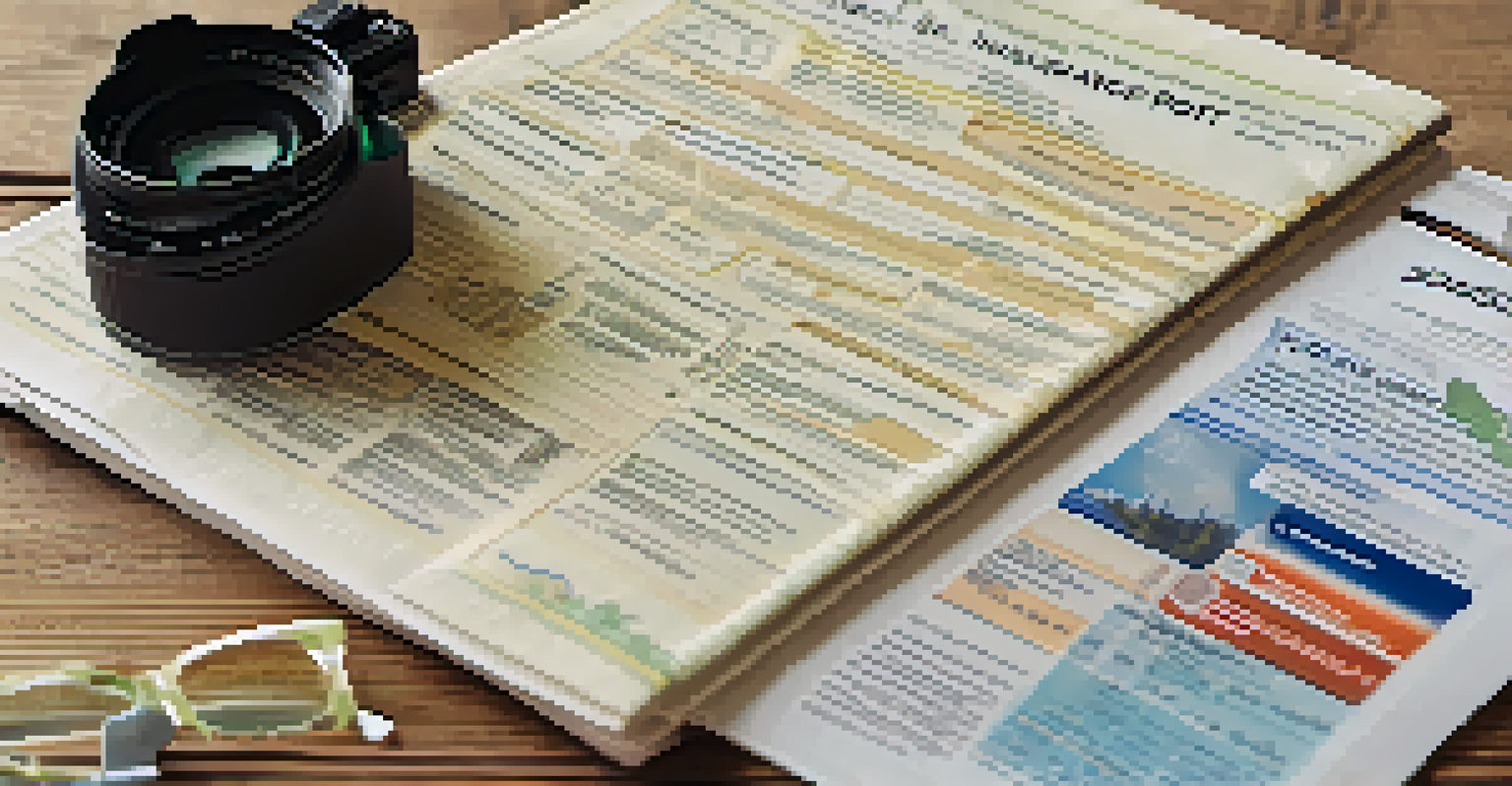 A close-up of a travel insurance document with a passport, camera, and map on a table.