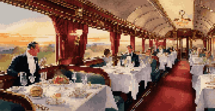 A luxurious dining car on a vintage train with elegantly set tables and passengers enjoying gourmet meals against a backdrop of scenic hills and a sunset.