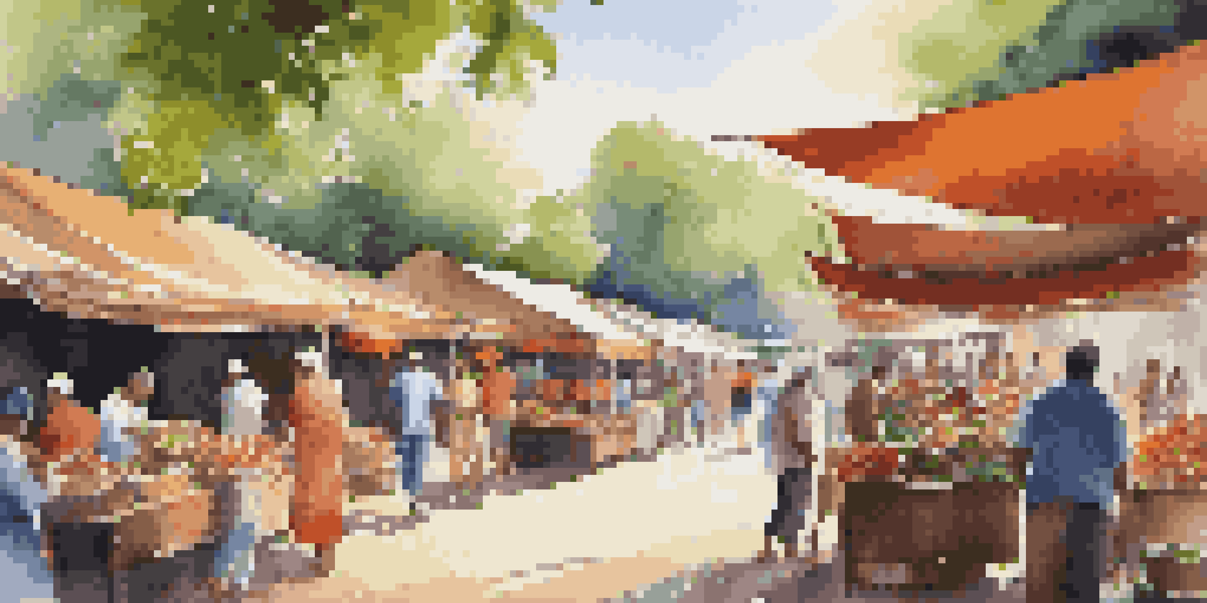 A bustling community market with artisans selling crafts and visitors engaging with local vendors, surrounded by greenery and sunlight.