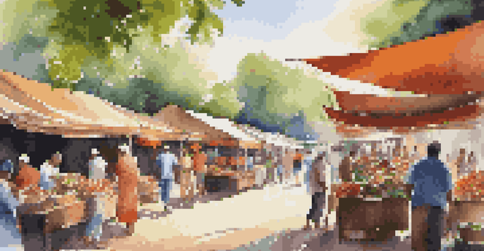 A bustling community market with artisans selling crafts and visitors engaging with local vendors, surrounded by greenery and sunlight.
