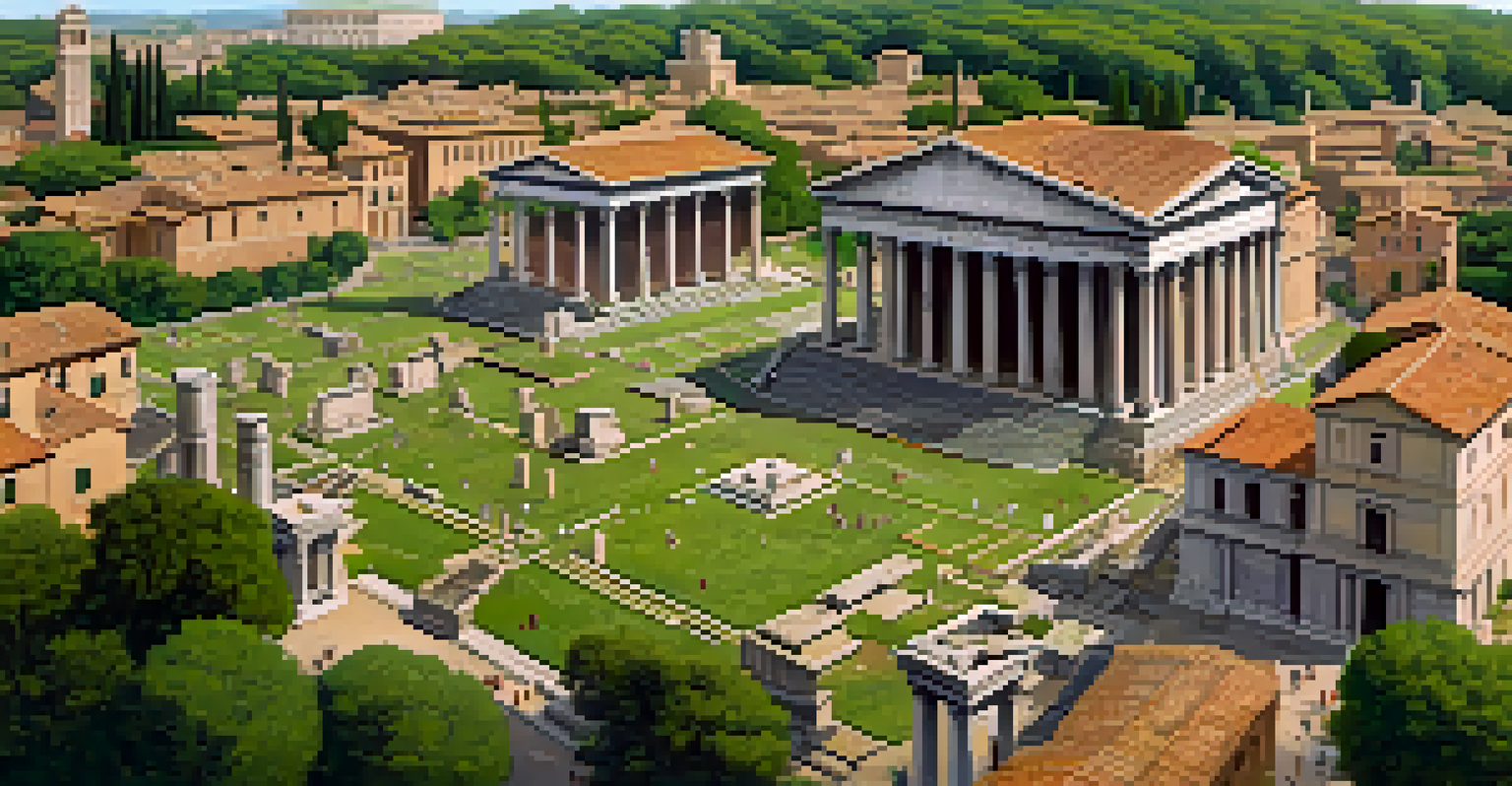 Aerial view of the Roman Forum with ruins and lush greenery, depicting visitors exploring the historical site.