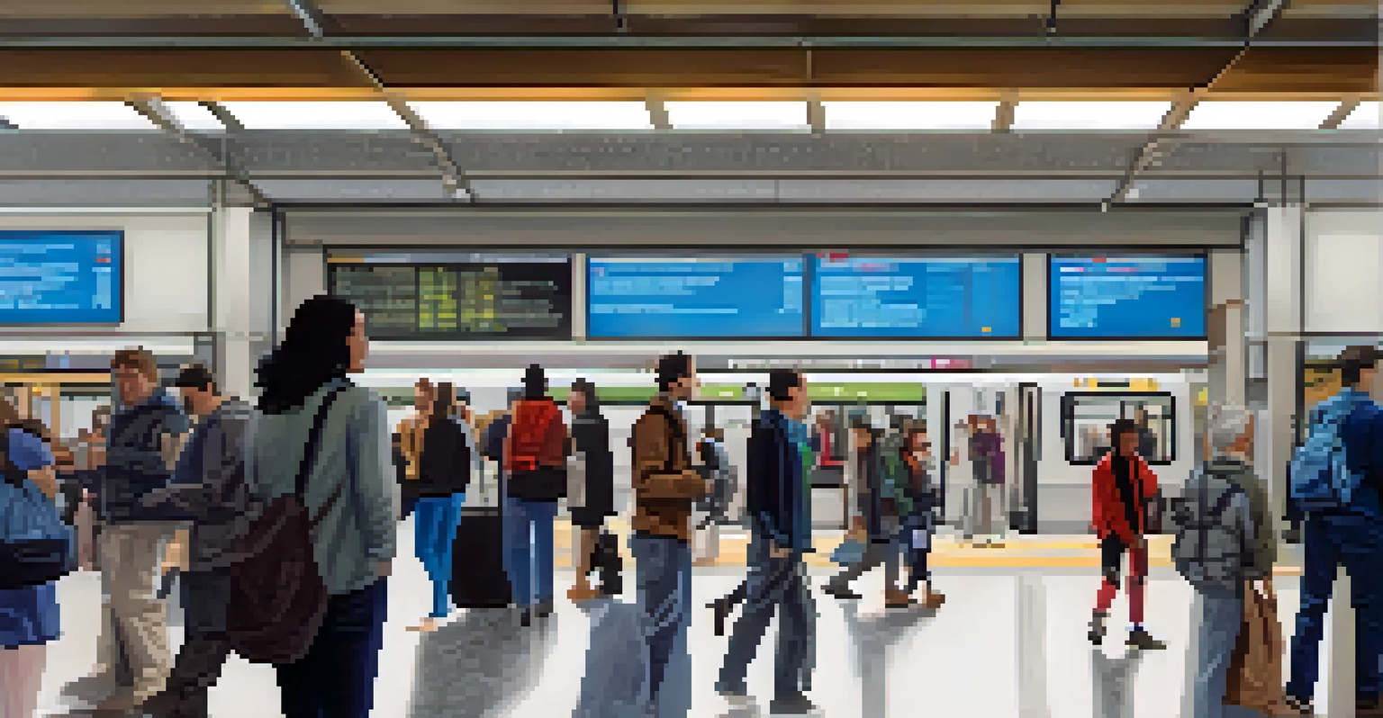 A busy public transportation station with a train and diverse passengers, filled with natural light and modern design.
