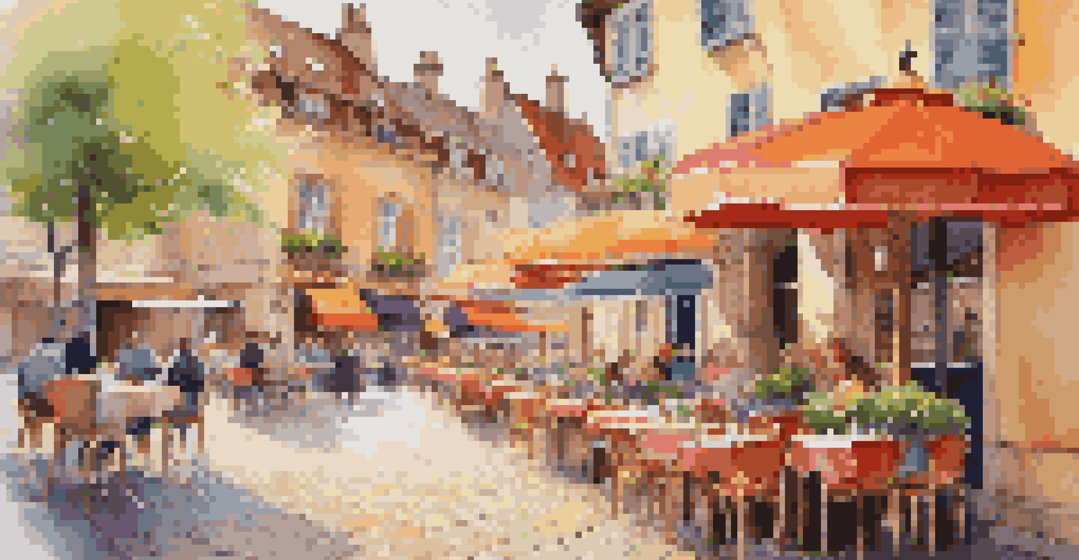 A cozy outdoor café in a European town with colorful umbrellas and flower-adorned buildings.
