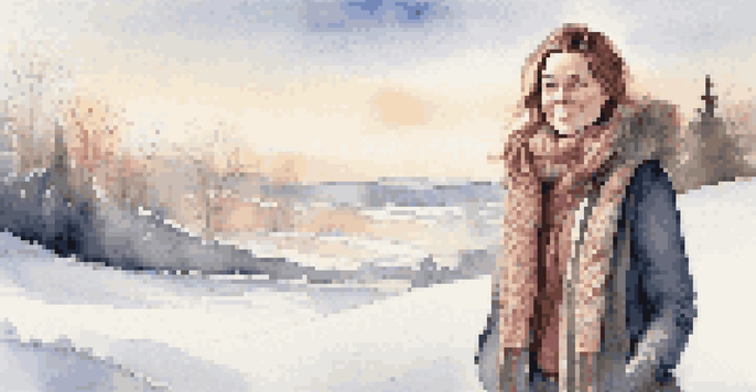 A woman dressed in layers of winter clothing, including a sweater and a coat, standing in a snowy landscape under soft sunlight.