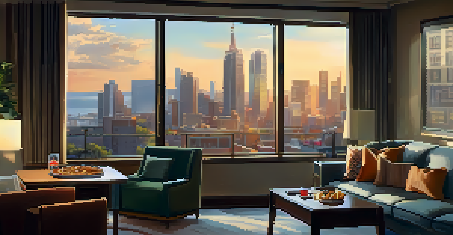A comfortable hotel room with a city view, warm lighting, and snacks on the table, showcasing a perfect pre-game atmosphere.