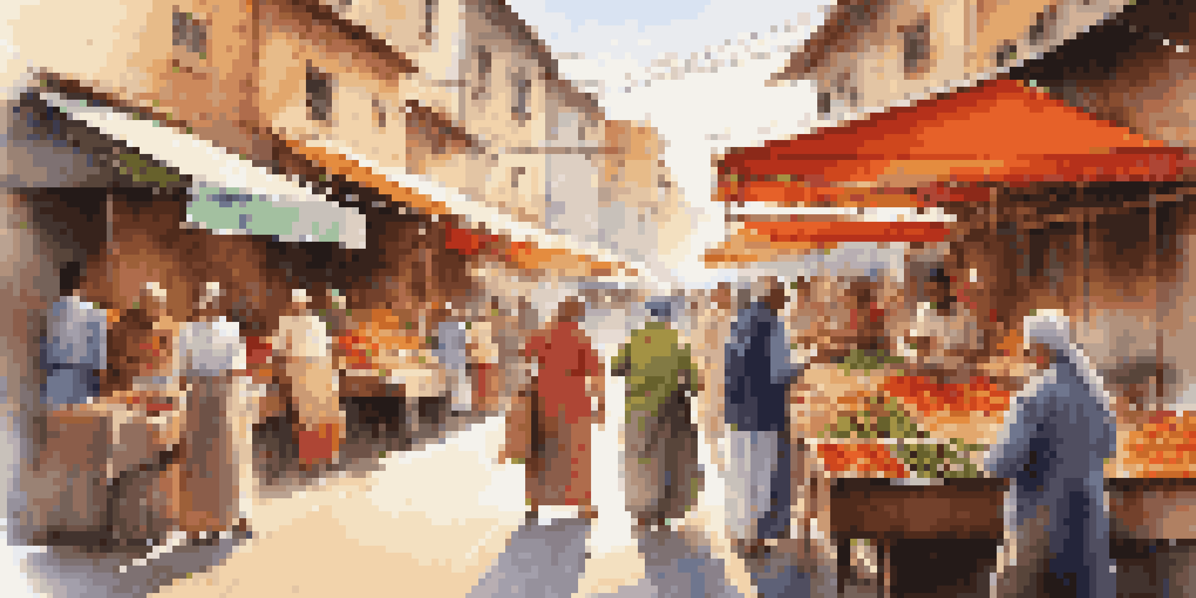 A traveler orders food at a colorful street market, surrounded by stalls and a lively crowd.