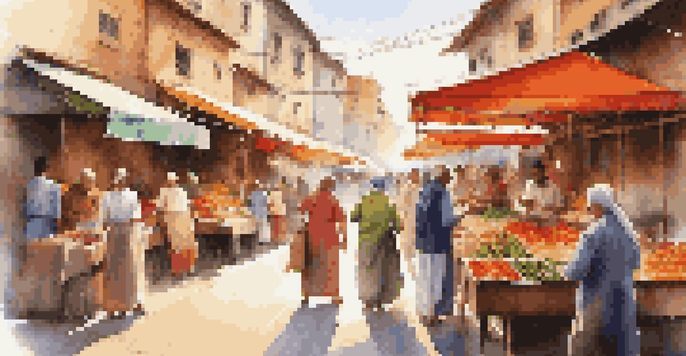 A traveler orders food at a colorful street market, surrounded by stalls and a lively crowd.