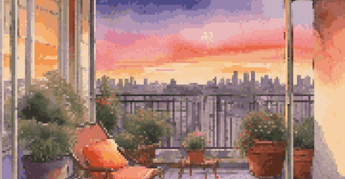 A beautiful sunset from a hotel balcony with colorful skies and a city skyline in the background.