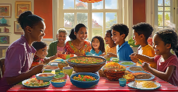 A colorful gathering of children and families enjoying a multicultural potluck with diverse dishes and decorations.