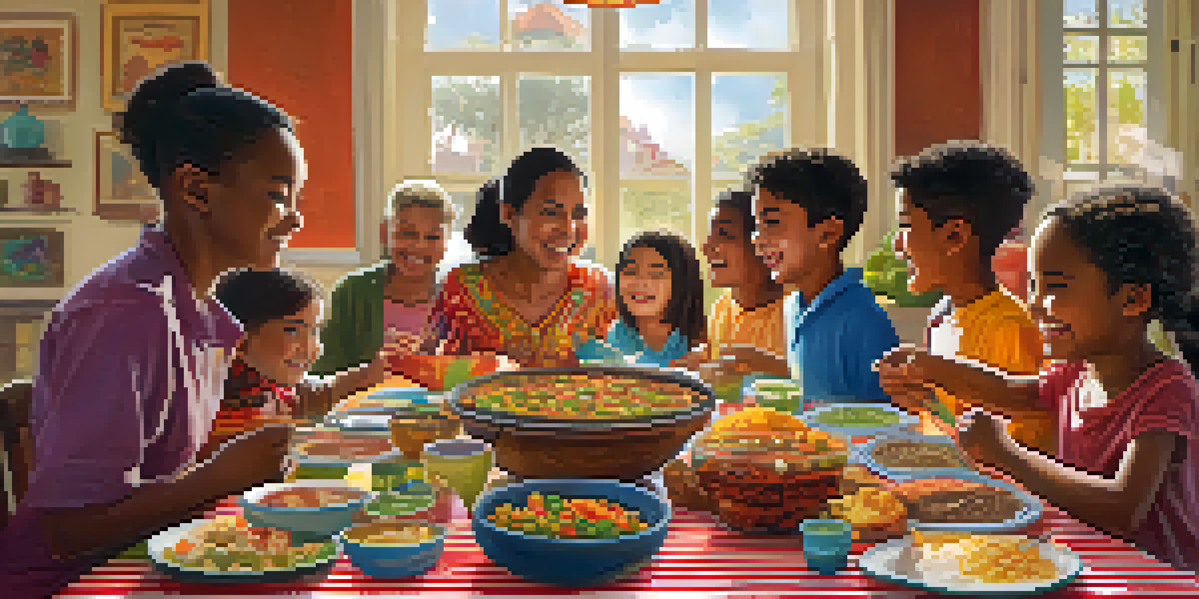 A colorful gathering of children and families enjoying a multicultural potluck with diverse dishes and decorations.