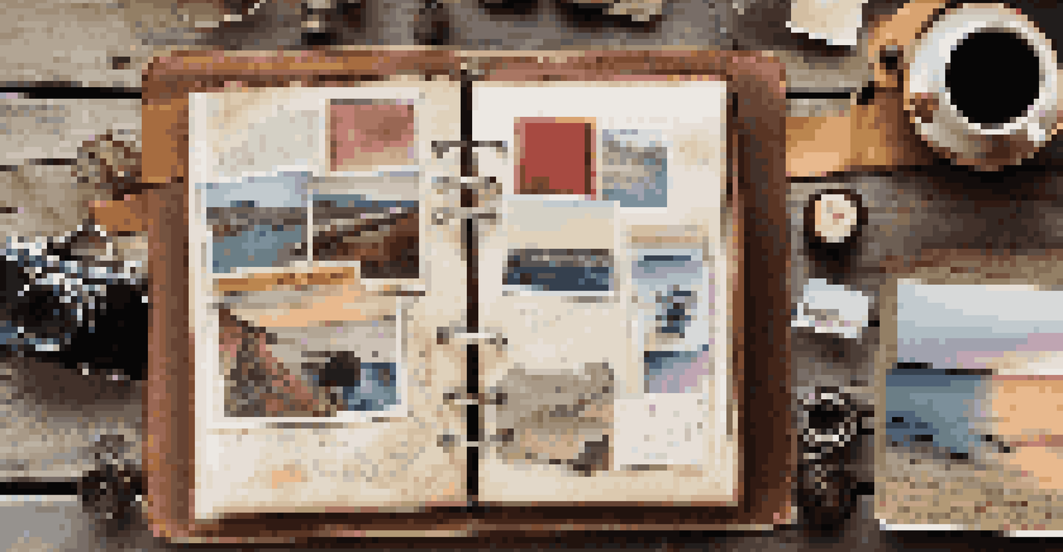 An open travel scrapbook displaying photos and mementos on a wooden table with a vintage camera.