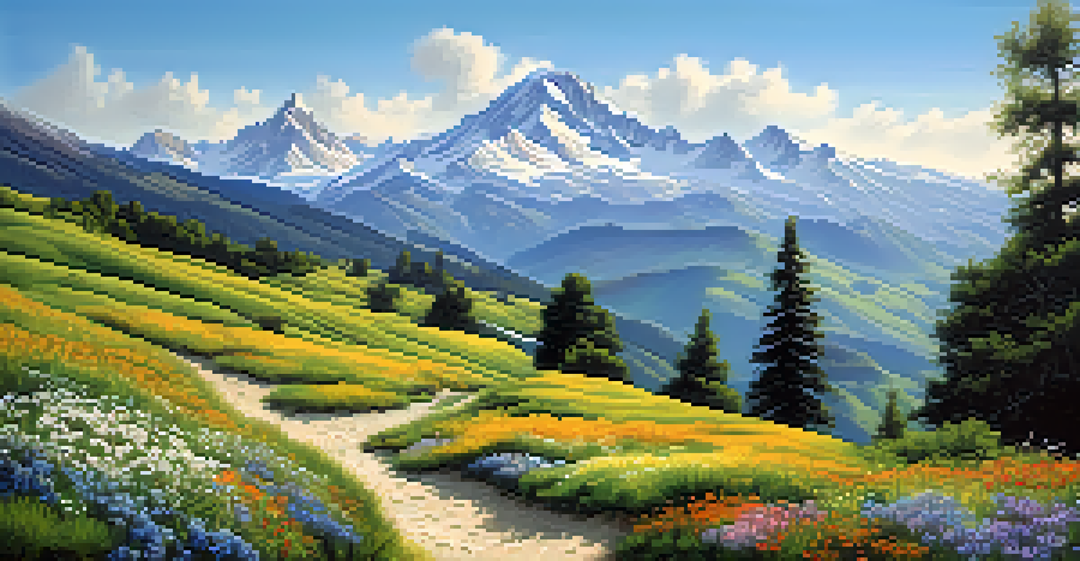 A beautiful mountain landscape with green hills and snow-capped peaks.
