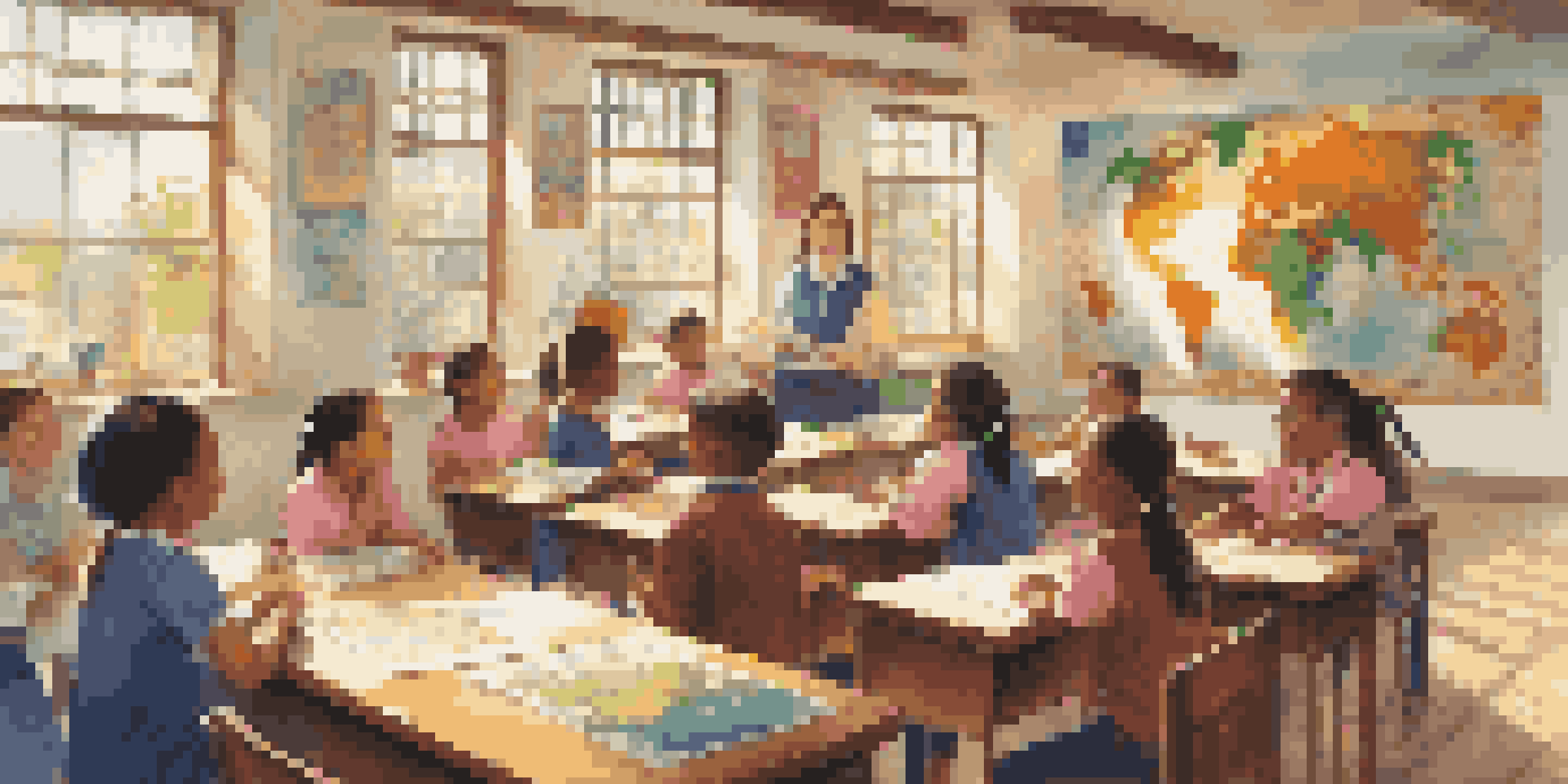 A teacher in a bright classroom teaching students about different cultures using a world map, with sunlight illuminating the space.