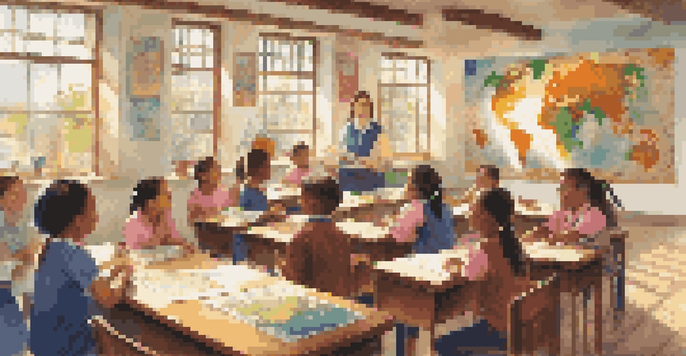 A teacher in a bright classroom teaching students about different cultures using a world map, with sunlight illuminating the space.